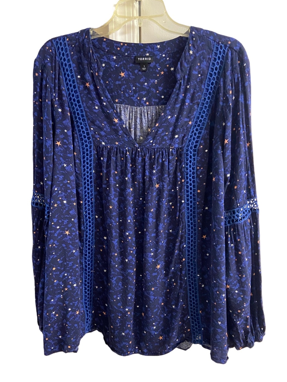 Torrid Blue Celestial Star Print Crochet Trim V-Neck Bell Sleeve Boho Blouse 1X